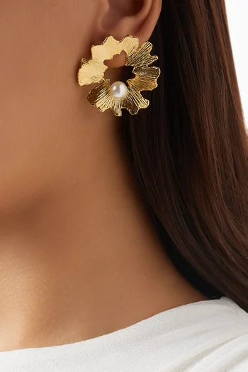 Gaia Pearl Stud Earrings in 24kt Gold-plated Brass