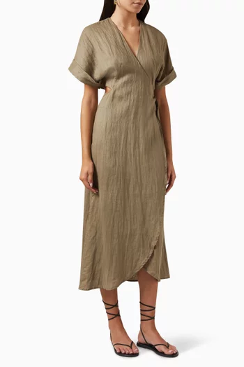 فستان ديفون متوسط الطول بتصميم ملفوف في الأمام كتان
