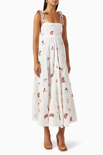 Serena Embroidered Midi Dress in Linen