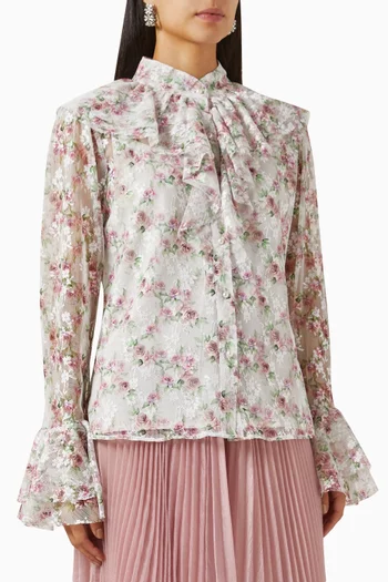 Floral-print Sheer Top in French Tulle