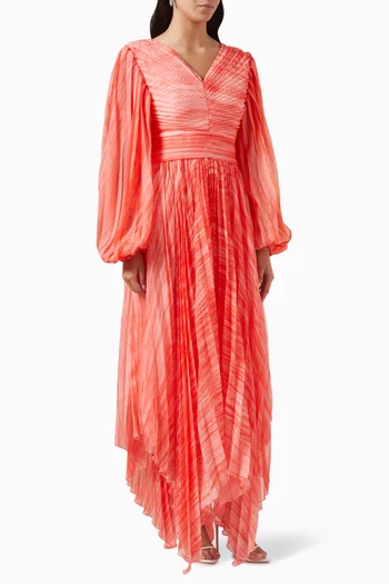 Pleated Maxi Dress in Silk-chiffon & Linen-blend