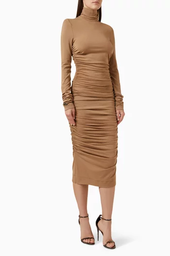 Turtleneck Ruched Midi Dress in Wool