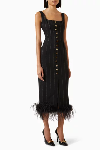 Pinstripe Dress with Feathers in Wool