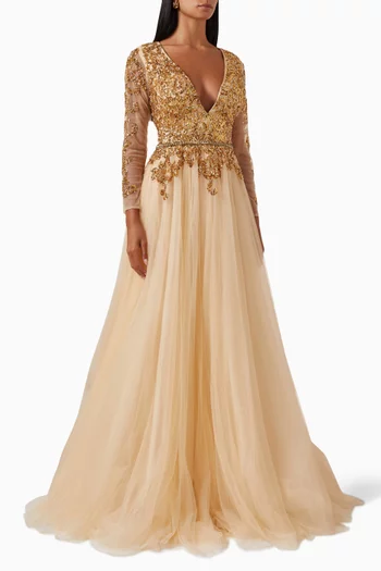 Plunge-neck Embellished Gown in Tulle