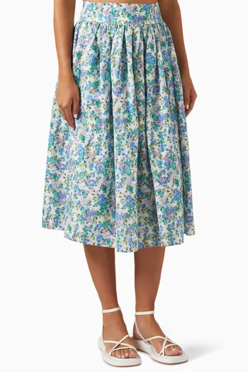 Printed Midi Skirt in Linen-blend