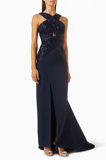 Sequin-embellished Cut-out Gown in Cady