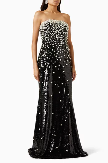 Pearl-embellished Sequin Column Gown