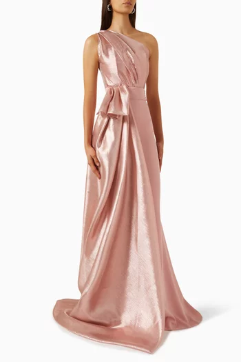 One-shoulder Gown in Lamé & Crepe
