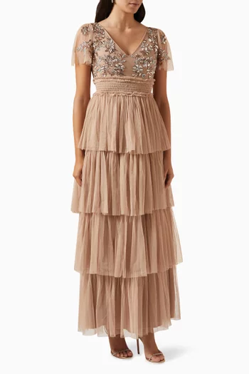 Floral Embellished Tiered Dress in Tulle