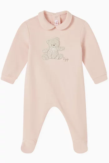 Bear-motif Embroidered Sleepsuit in Stretch-jersey