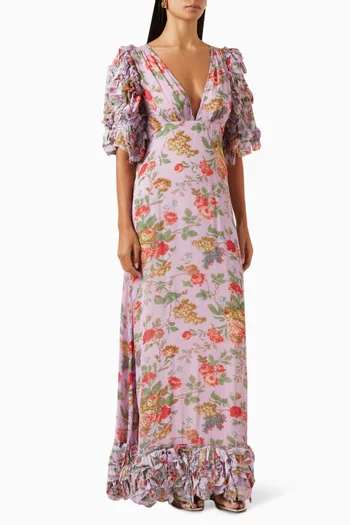 Floral-print Ruffled Maxi Dress in Georgette