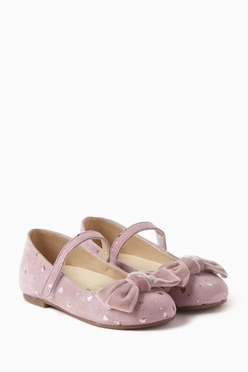 Hearts-motif Bow Ballerina Shoes in Leather