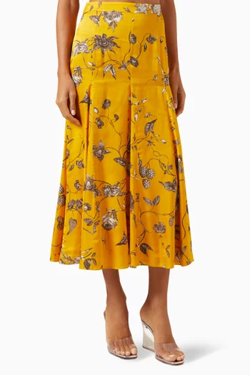 Floral Pleated Midi Skirt in Viscose Satin
