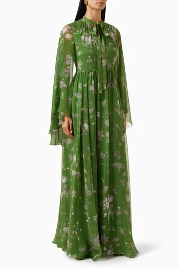 Floral-print Cape-style Maxi Dress in Silk-voile