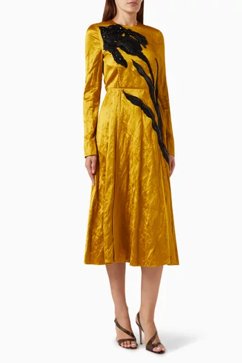 Long Sleeve Midi Dress in Textured Satin