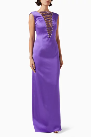 V-neck Lace-up Maxi Dress in Crepe