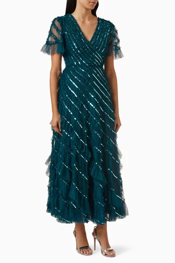 Spiral Sequin V-neck Ankle Gown in Tulle