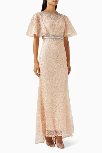 Butterfly-sleeve Trumpet Gown in Mesh