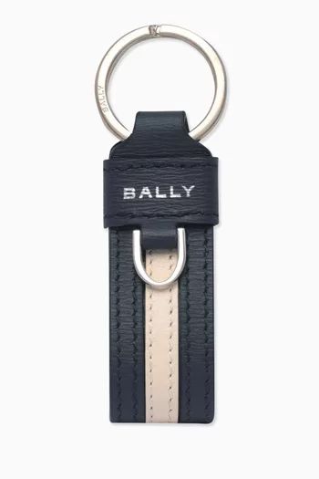 Logo Stripe Key Ring in Leather