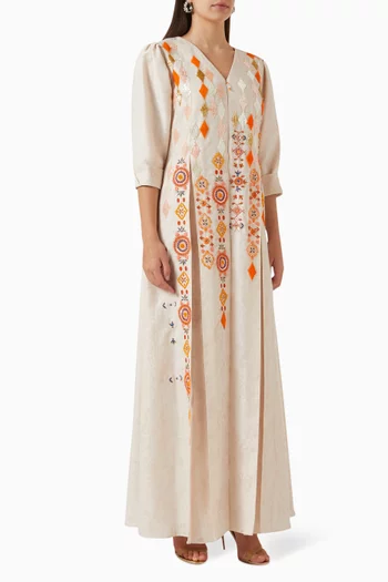 Embroidered Maxi Dress in Linen
