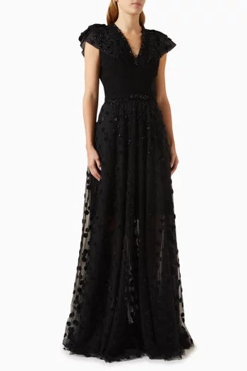 Beaded Polka Dot Maxi Gown in Tulle