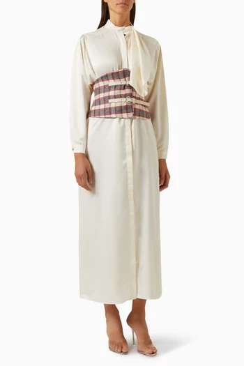 Belted Midi Shirt Dress in Satin & Jacquard