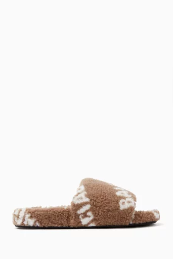 Logo Furry Slide Sandals in Faux Shearling