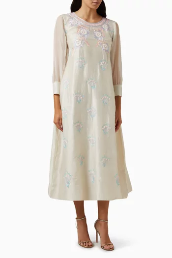 Embroidered Midi Dress in Cotton Blend