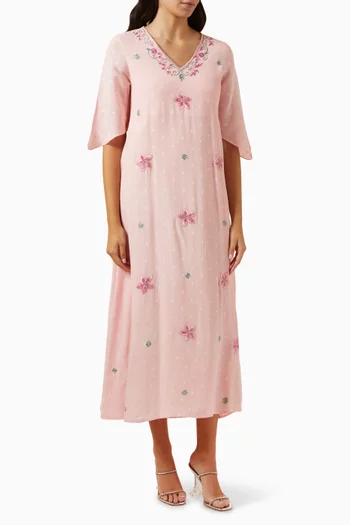 Embroidered Midi Dress in Polka Dot Crinkled Fabric