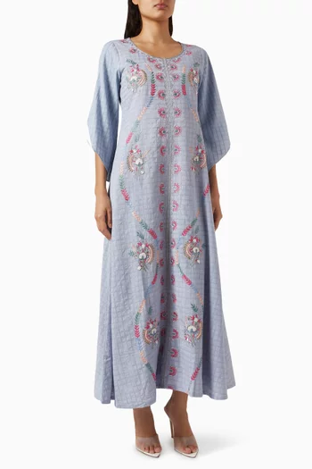 Embroidered Midi Dress in Check Fabric