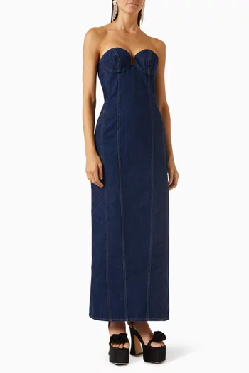 فستان متوسط الطول بلا حمالات دينم