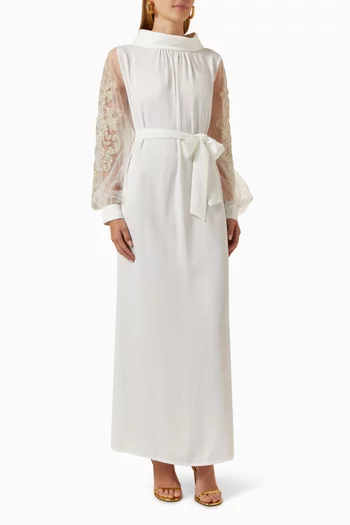Embellished Tulle-sleeves Maxi Dress in Crepe