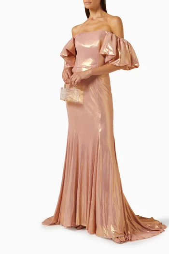 Draped Off-shoulder Mermaid Gown in Metallic-fabric