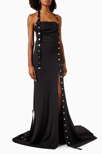 Metal Button Maxi Dress in Stretch-jersey