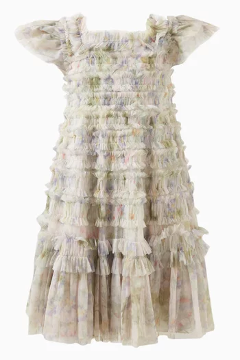 Floral Wreath Ruffled Dress in Recycled Tulle