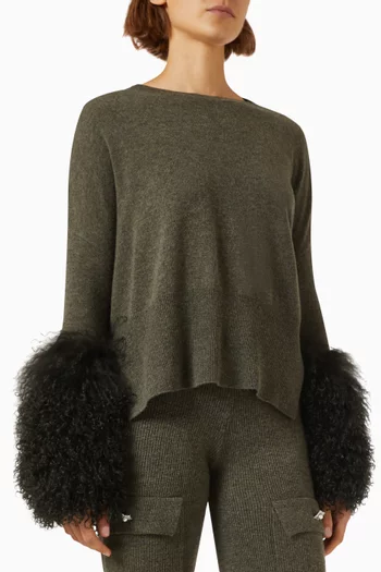 Round-neck Sweater with Shearling Cuffs in Wool-cashmere Knit
