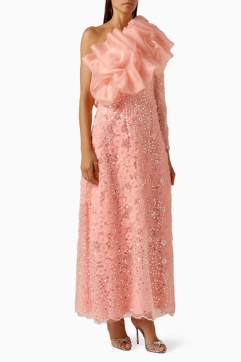Embellished One-shoulder Maxi Dress in Tulle