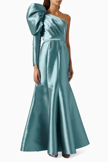 Puffed-shoulder Mermaid Maxi Dress in Metallic-satin