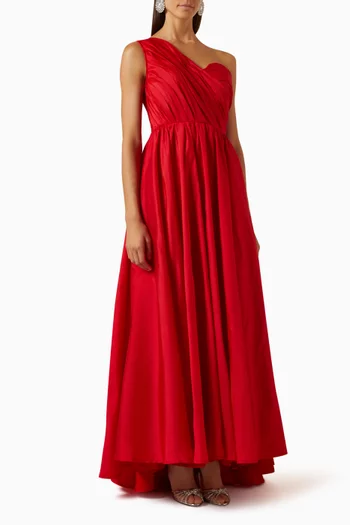 One-shoulder Pleated Maxi Dress in Crepe