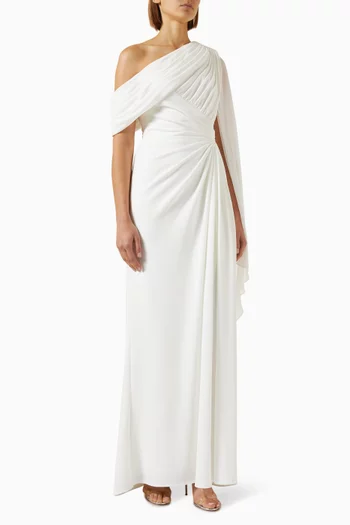 Quill Draped Cape Sleeve Gown in Crepe & Chiffon