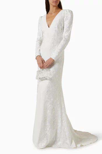 Irelina Puff Sleeve Embroidered Gown in Crepe