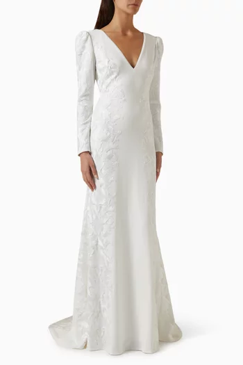 Irelina Puff Sleeve Embroidered Gown in Crepe