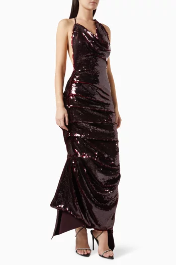Asymmetric Draped Maxi Dress in Sequins
