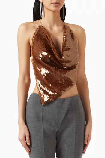 Sequin Cowl-neck Top in Stretch-mesh