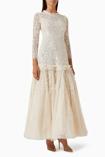Regal Rose Gloss Long-sleeve Gown in Tulle