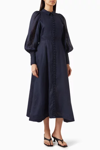 Martina Embroidery Midi Shirt Dress in Linen
