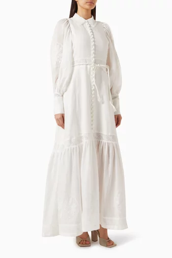 Theodora Embroidery Maxi Dress in Linen Ramie