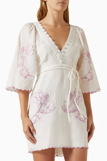 Isodora Embroidery Mini Dress in Silk-linen
