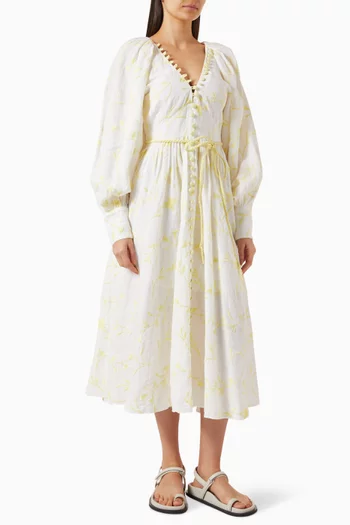 Enola Embroidery Midi Dress in Linen
