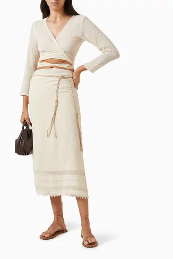 Pareo Belted Midi Skirt in Cotton-gauze